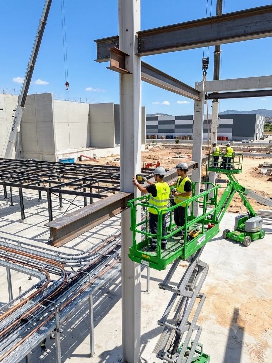 Montagem de viga metálica em plataforma elevatória — nave industrial.