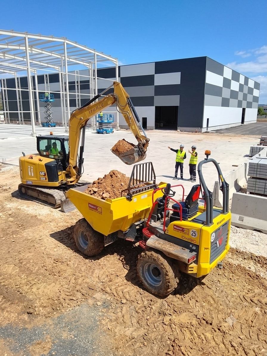 Frente de obra: movimentação de terras e estrutura metálica de nave.