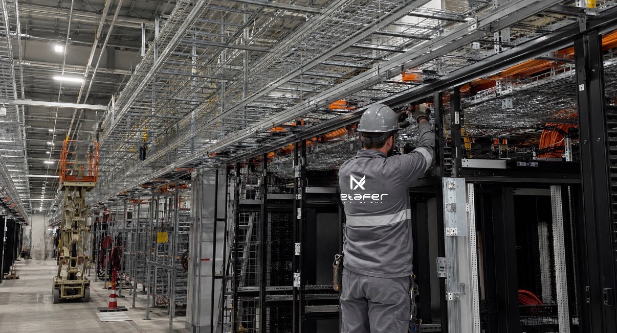 Técnicos a instalar equipamento industrial em data center